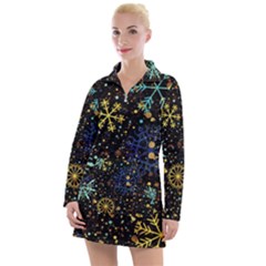 Gold Teal Snowflakes Gold Abstract Christmas Women s Long Sleeve Casual Dress by Bedest