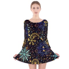 Gold Teal Snowflakes Gold Abstract Christmas Long Sleeve Velvet Skater Dress