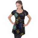 Gold Teal Snowflakes Gold Abstract Christmas Puff Sleeve Tunic Top View1