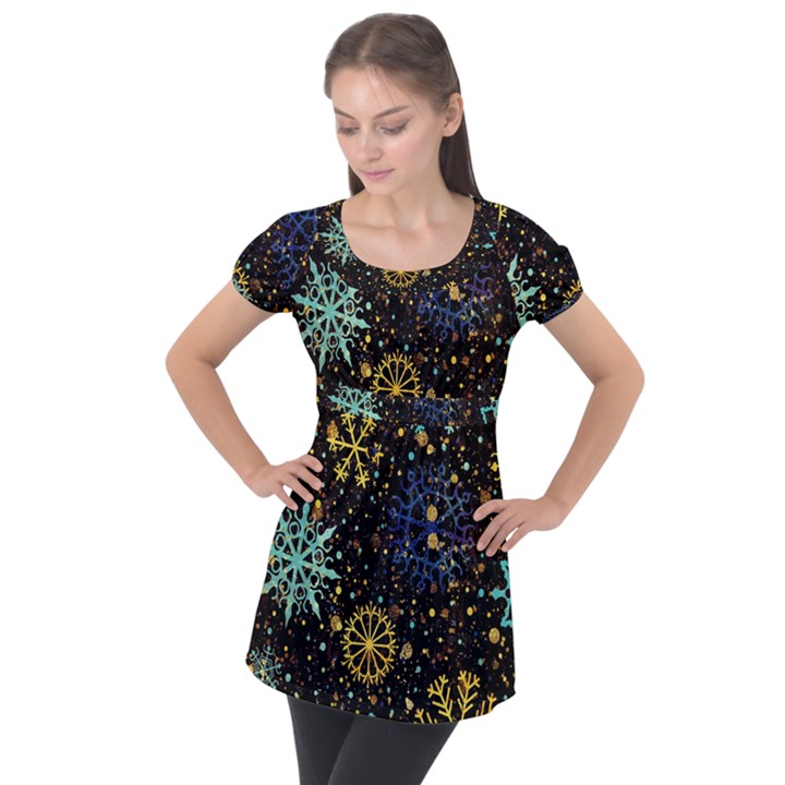 Gold Teal Snowflakes Gold Abstract Christmas Puff Sleeve Tunic Top