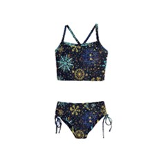 Gold Teal Snowflakes Gold Abstract Christmas Girls  Tankini Swimsuit by Bedest