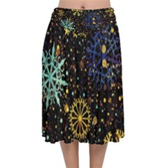 Gold Teal Snowflakes Gold Abstract Christmas Velvet Flared Midi Skirt