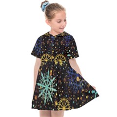 Gold Teal Snowflakes Gold Abstract Christmas Kids  Sailor Dress by Bedest