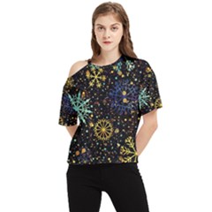 Gold Teal Snowflakes Gold Abstract Christmas One Shoulder Cut Out T-shirt by Bedest