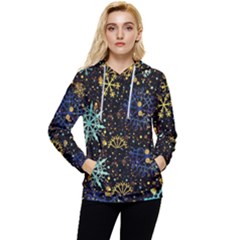 Gold Teal Snowflakes Gold Abstract Christmas Women s Lightweight Drawstring Hoodie