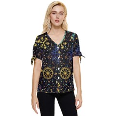 Gold Teal Snowflakes Gold Abstract Christmas Bow Sleeve Button Up Top by Bedest