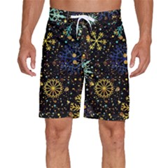 Gold Teal Snowflakes Gold Abstract Christmas Men s Beach Shorts by Bedest