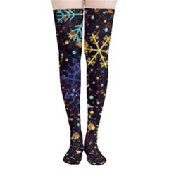 Gold Teal Snowflakes Gold Abstract Christmas Thigh High Stockings by Bedest