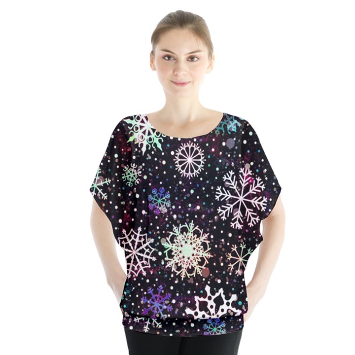 Shiny Winter Snowflake Abstract Christmas Cold Crystal December Batwing Chiffon Blouse