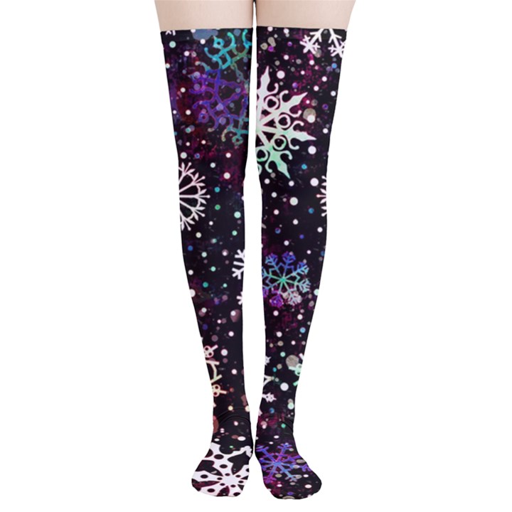 Shiny Winter Snowflake Abstract Christmas Cold Crystal December Thigh High Stockings