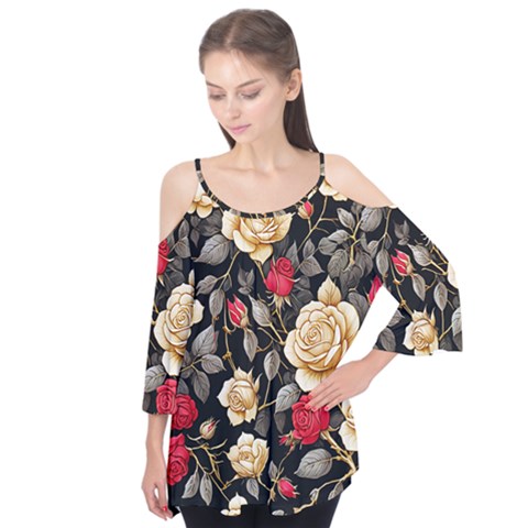 Fabulous Florals 14 Flutter Sleeve T-shirt by retrotoomoderndesigns