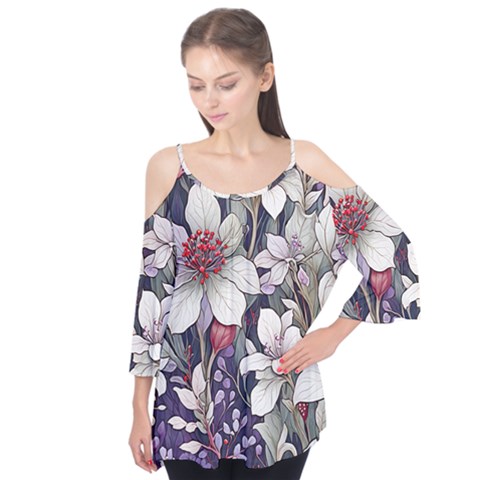 Fabulous Florals 27 Flutter Sleeve T-shirt by retrotoomoderndesigns