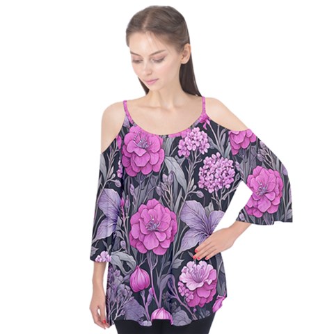 Fabulous Florals 40 Flutter Sleeve T-shirt by retrotoomoderndesigns