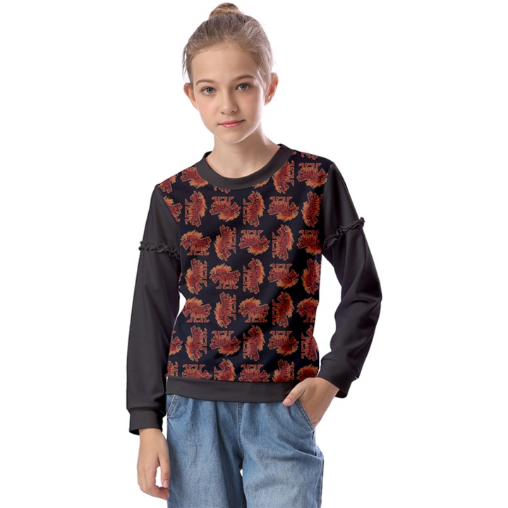 Fantasy skeleton dragon hand drawn motif pattern Kids  Long Sleeve T-Shirt with Frill 