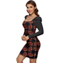 Fantasy skeleton dragon hand drawn motif pattern Women Long Sleeve Ruched Stretch Jersey Dress View3