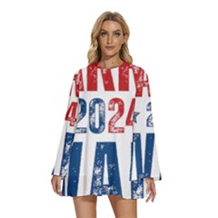 Kamala Harris 2024 Walz Round Neck Long Sleeve Bohemian Style Chiffon Mini Dress