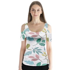 Leaf Pattern  Butterfly Sleeve Cutout T-shirt 