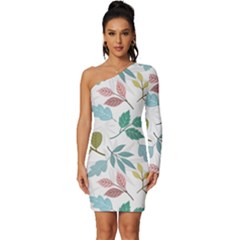 Leaf Pattern  Long Sleeve One Shoulder Mini Dress by Safari