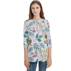 Leaf Pattern  Women s Zip Front V-neck 3/4 Sleeve Casual Top Pocket Shirt