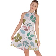 Leaf Seamless Pattern  Sleeveless Halter Neck A-line Dress