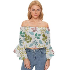 Leaf Seamless Pattern  Off Shoulder Flutter Bell Sleeve Top