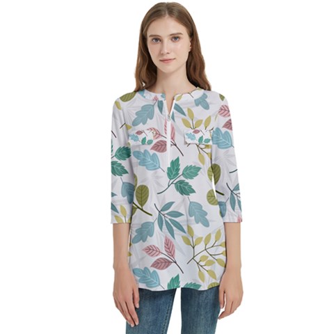 Leaf Seamless Pattern  Women s Zip Front V-neck 3/4 Sleeve Casual Top Pocket Shirt by Safari