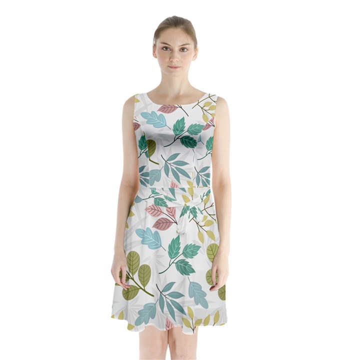 Leaf seamless pattern  Sleeveless Waist Tie Chiffon Dress