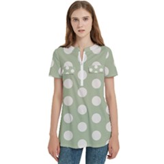 Polk Dots Seamless Pattern Women s Zip Front V-neck Short Sleeve Casual Top Pocket Shirt