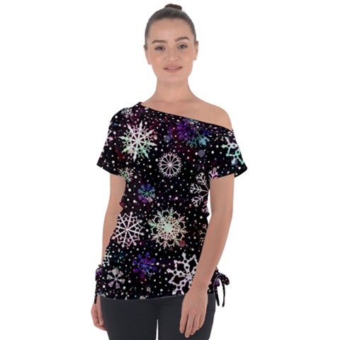 Shiny Winter Snowflake Abstract Christmas Cold Crystal December Off Shoulder Tie-up T-shirt by Bedest