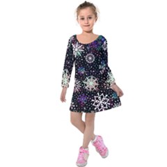 Shiny Winter Snowflake Abstract Christmas Cold Crystal December Kids  Long Sleeve Velvet Dress by Bedest