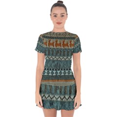 Holmes Christmas Jumper On Blueish Acrylic Drop Hem Mini Chiffon Dress