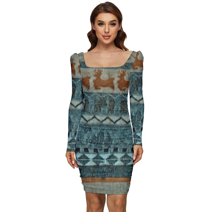 Holmes Christmas Jumper On Blueish Acrylic Women Long Sleeve Ruched Stretch Jersey Dress