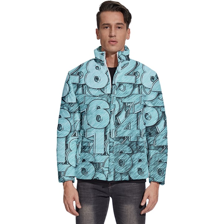 Blue Digits Background, Artwork, Numbers Men s Puffer Bubble Jacket Coat