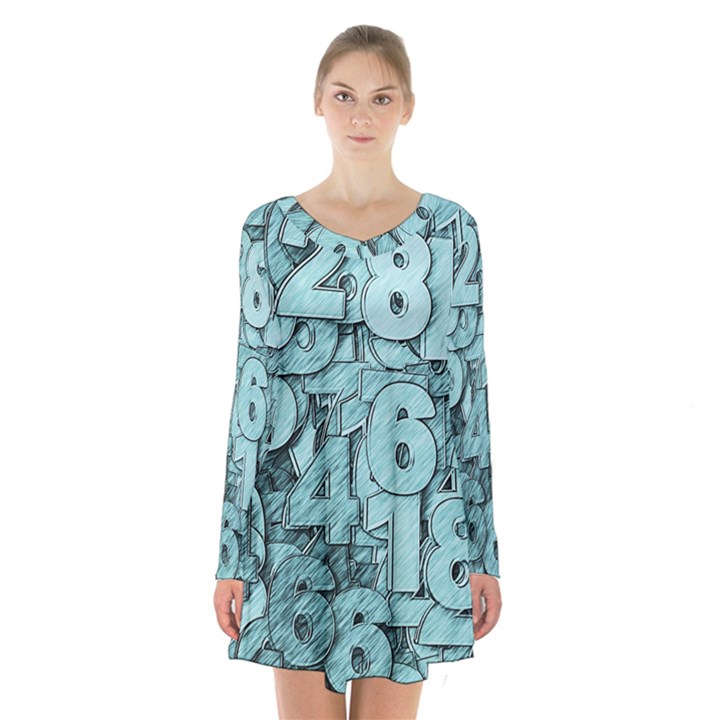 Blue Digits Background, Artwork, Numbers Long Sleeve Velvet V-neck Dress