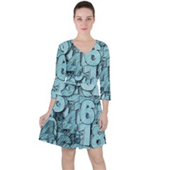 Blue Digits Background, Artwork, Numbers Quarter Sleeve Ruffle Waist Dress