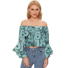 Blue Digits Background, Artwork, Numbers Off Shoulder Flutter Bell Sleeve Top