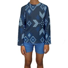 Blue Knitted Texture, Blue Christmas Background, Art Kids  Long Sleeve Swimwear