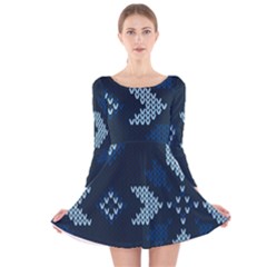 Blue Knitted Texture, Blue Christmas Background, Art Long Sleeve Velvet Skater Dress