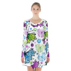 Butterflies, Abstract, Background, Colorful Long Sleeve Velvet V-neck Dress