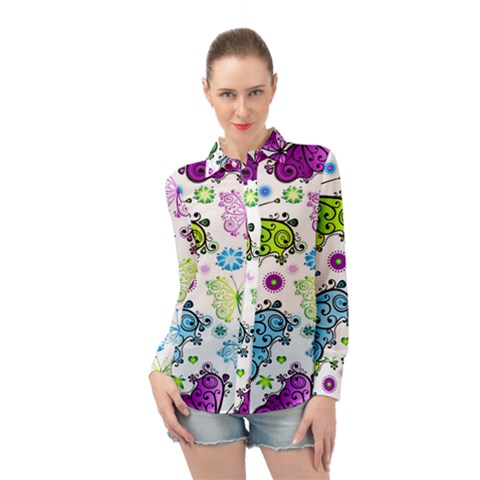 Butterflies, Abstract, Background, Colorful Long Sleeve Chiffon Shirt by kyorashop23