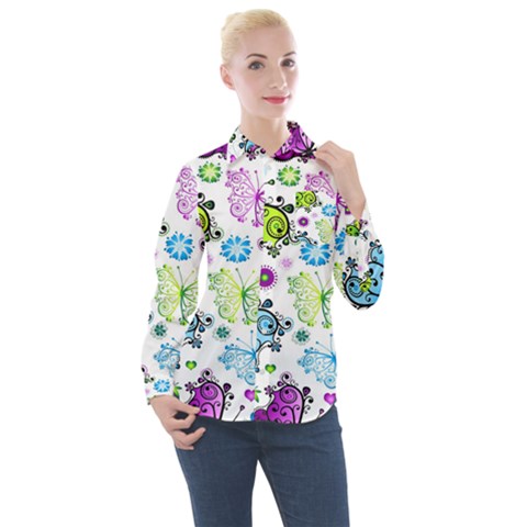 Butterflies, Abstract, Background, Colorful Women s Long Sleeve Pocket Shirt by kyorashop23