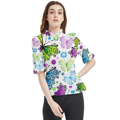 Butterflies, Abstract, Background, Colorful Frill Neck Blouse by kyorashop23