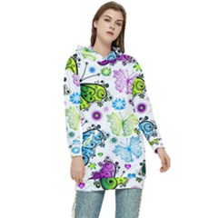 Butterflies, Abstract, Background, Colorful Women s Long Oversized Pullover Hoodie