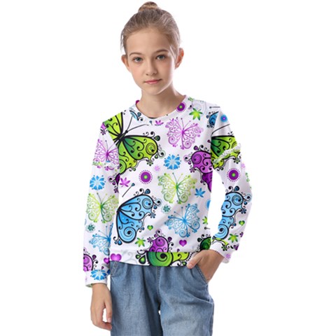 Butterflies, Abstract, Background, Colorful Kids  Long Sleeve T-shirt With Frill  by kyorashop23