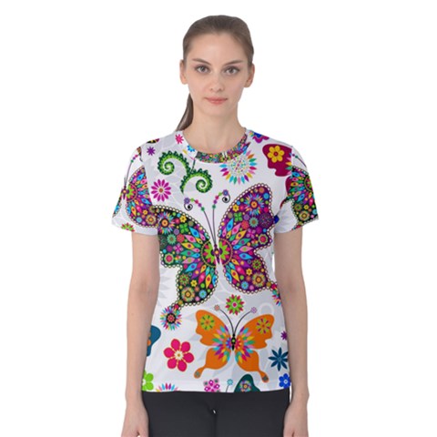 Butterflies, Abstract, Colorful, Floral, Flowers Women s Cotton T-shirt by kyorashop23