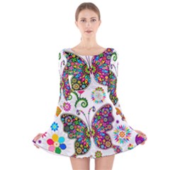 Butterflies, Abstract, Colorful, Floral, Flowers Long Sleeve Velvet Skater Dress