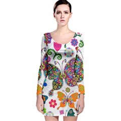 Butterflies, Abstract, Colorful, Floral, Flowers Long Sleeve Velvet Bodycon Dress