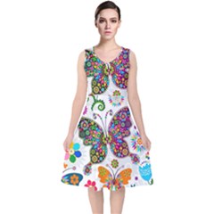 Butterflies, Abstract, Colorful, Floral, Flowers V-neck Midi Sleeveless Dress  by kyorashop23