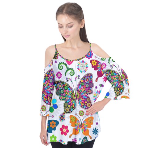 Butterflies, Abstract, Colorful, Floral, Flowers Flutter Sleeve T-shirt by kyorashop23