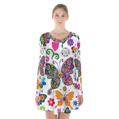 Butterflies, Abstract, Colorful, Floral, Flowers Long Sleeve Velvet V-neck Dress